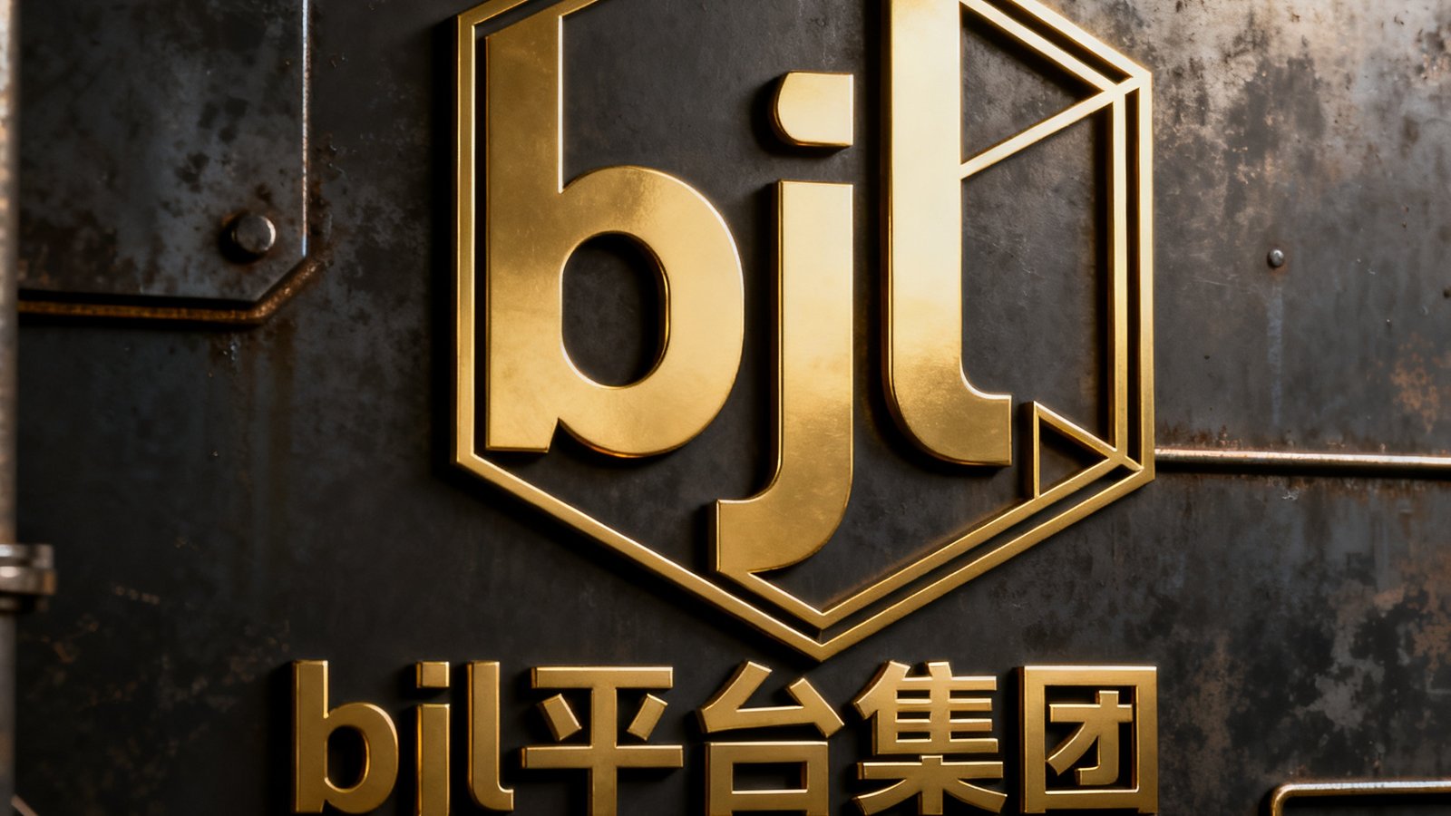 bjl平台集团品牌标识，金色几何线条勾勒的工业风格标志，背景为深色金属质感