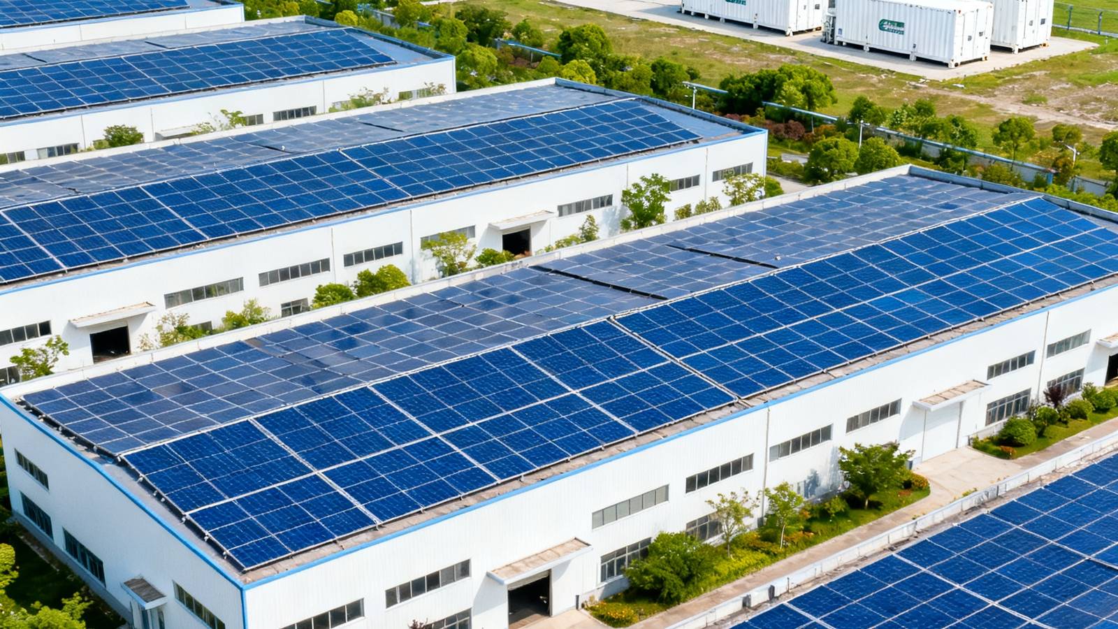 bjl平台集团位于江苏的绿色产业园区鸟瞰图，大片蓝色光伏面板覆盖在白色厂房屋顶上，园区绿化率超过35%，远处可见储能电站的白色集装箱式设备