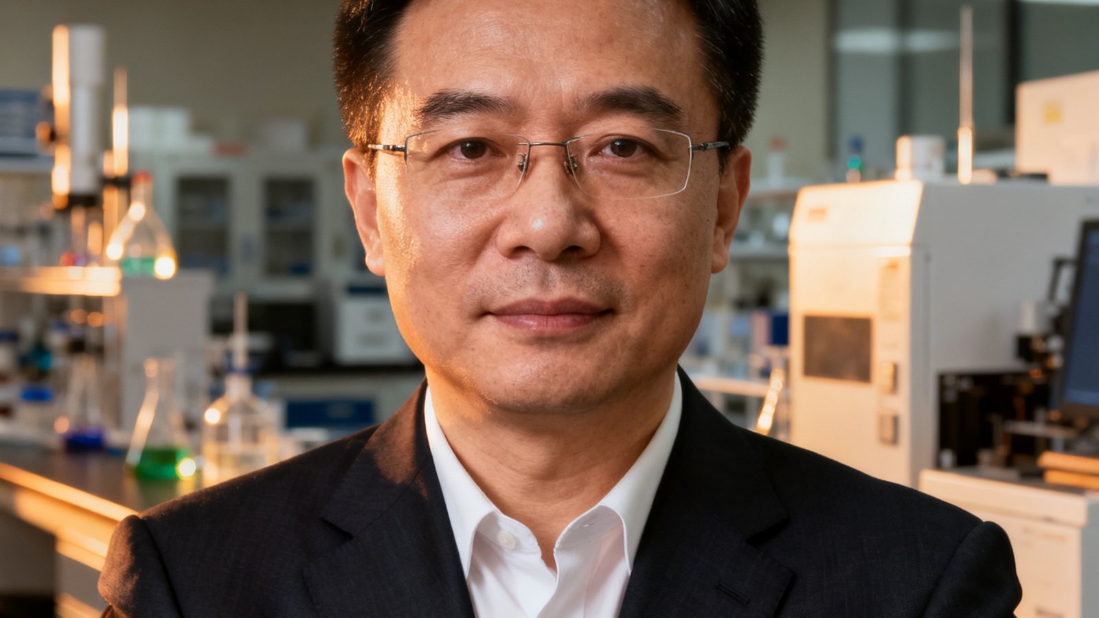 bjl平台集团创始人兼CEO张振华博士的半身肖像照，他身着深色西装，背景为集团研发中心的实验室，表情沉稳自信